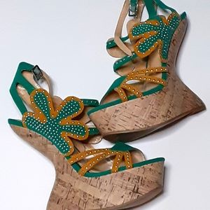 Teal and Mustard Cork Wedges